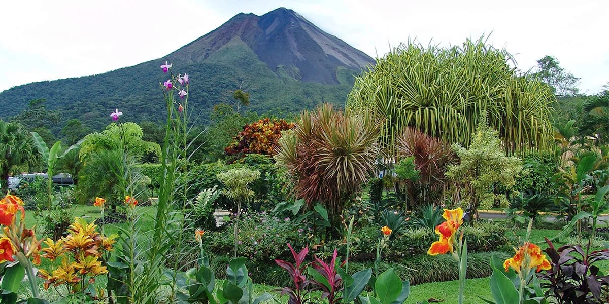 The cone of the Arenal Volcano rising behind lush tropical gardens in La Fortuna